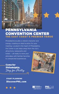 A campaign graphic is shown. It has a blue background with text is white and yellow. The headline across the top reads Pennsylvania Convention Center.