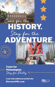A campaign graphic is shown with a blue background and white letters that reads Come for the History Stay for the Adventure. There is a picture of a group of people taking a selfie in front of the red LOVE sculpture.