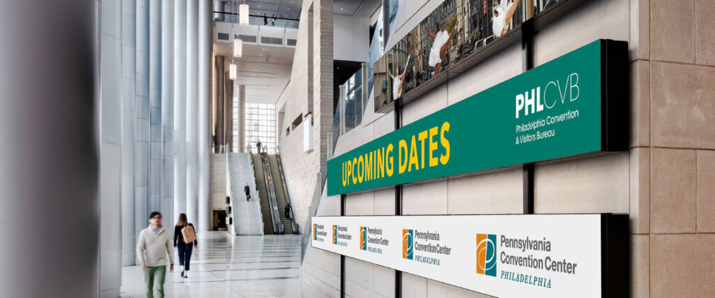 Inside the PA Convention Center, a sign reads "Upcoming dates"