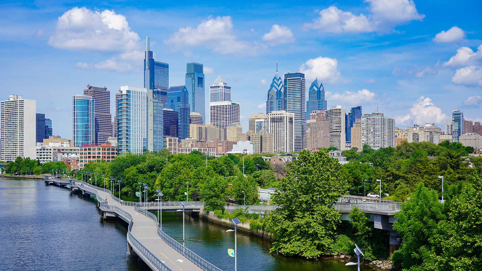 Philadelphia skyline form the south over the river.