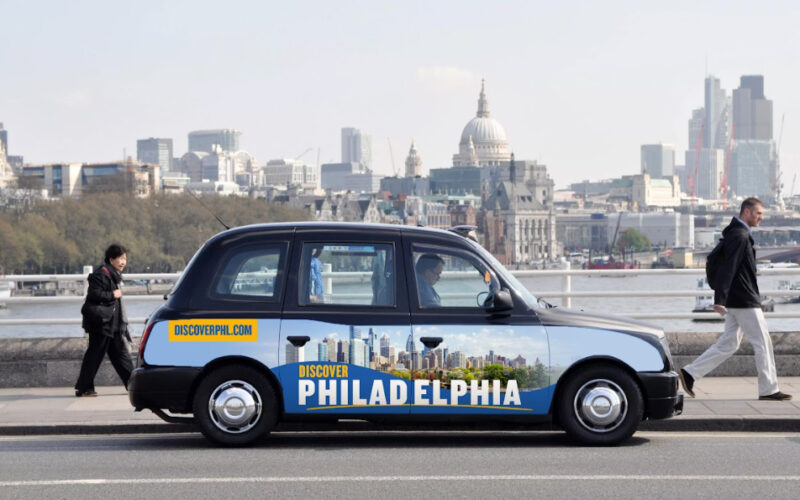 A London cab wrapped with a Philadelphia CVB ad