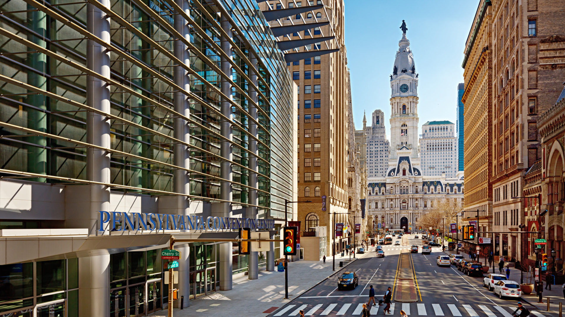 Outside of Pennsylvania Convention Center with City Hall in the background.