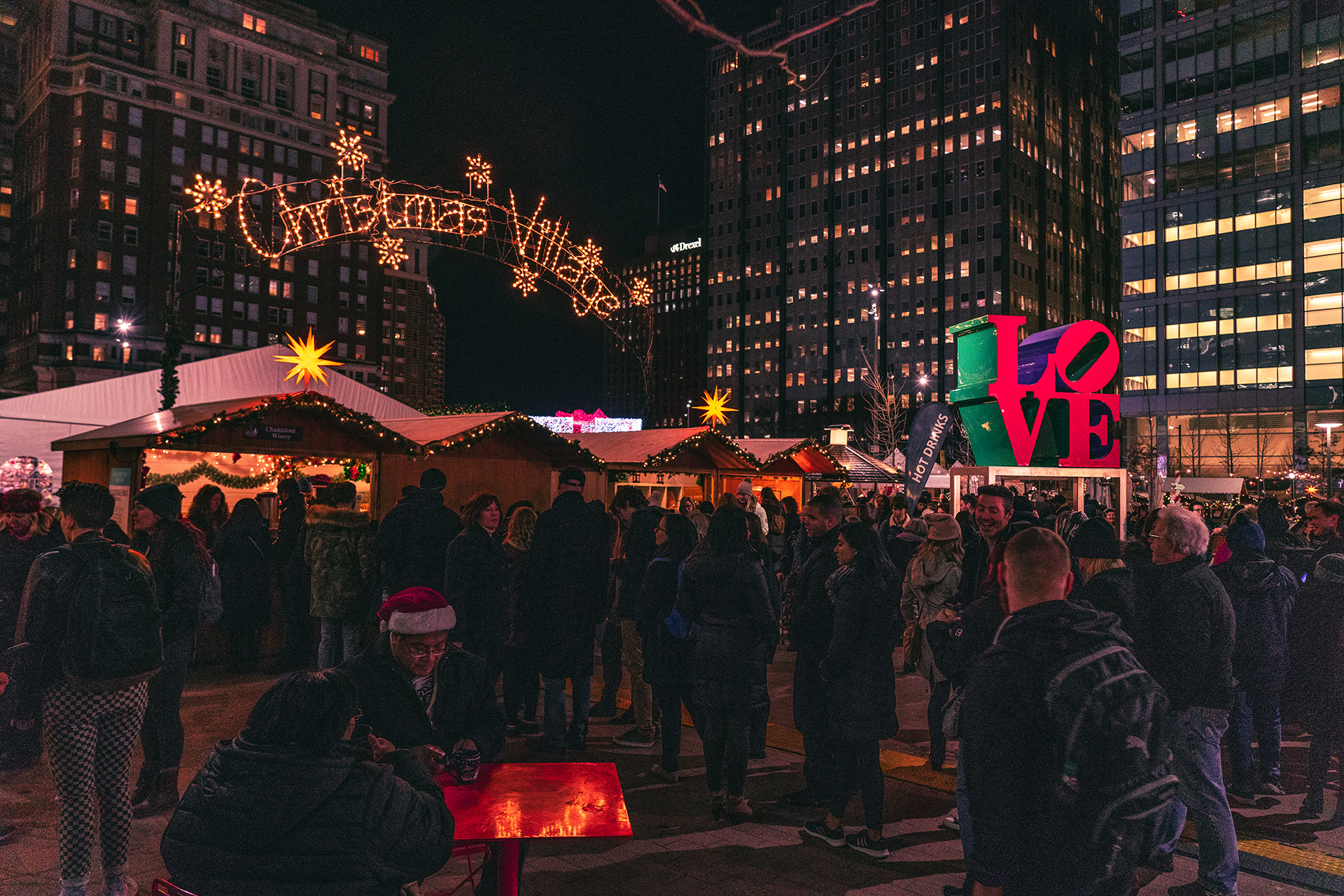 Christmas Village at LOVE Park at night