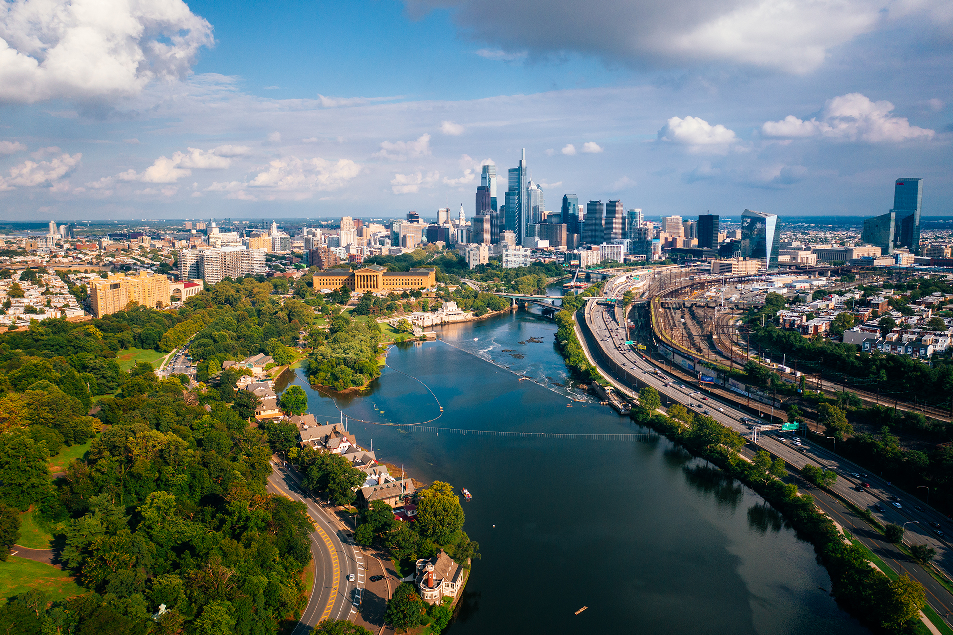 philadelphia skyline with schuylkill river in the foreground.