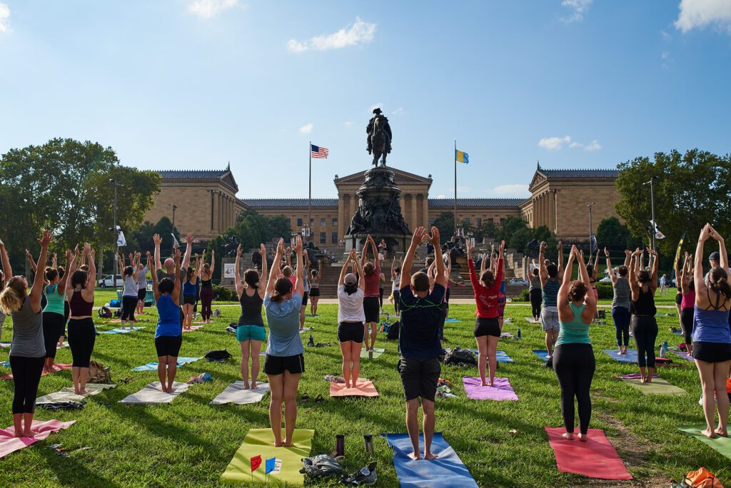 Group yoga with Yoga Habit, CKO Kickboxing class and Zumba dance fitness class.